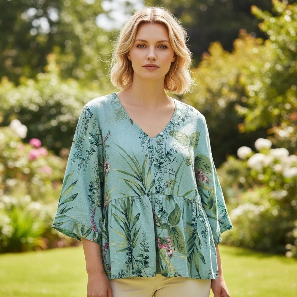 Kaktus Sage Green Floral Linen Blend Casual Blouse Peplum Top Size XL